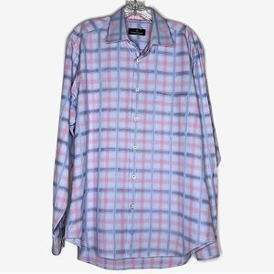 Bugatchi Uomo button up long sleeve men's shirt blue and pink size L